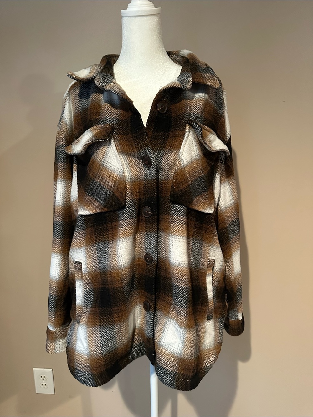 Plaid Utility Shacket Jacket in Brown & Cream